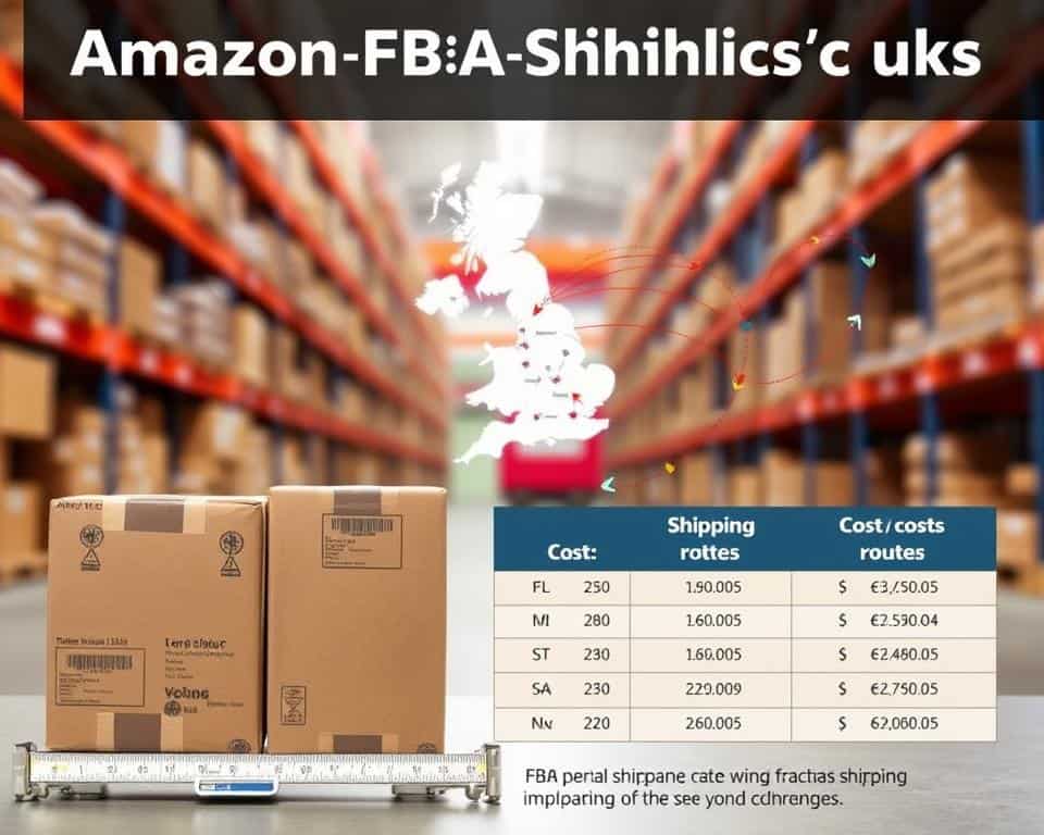 A detailed, professional infographic illustrating Amazon FBA shipping costs in the UK. In the foreground, there are three product boxes of varying sizes, labeled with their dimensions and weights, positioned beside a scale showing weight measurements. In the middle ground, a simplified map of the UK highlights major shipping routes with arrows indicating flow. A table with cost comparisons for each box size is subtly included, with distinct color coding for clarity. The background features a warehouse environment with shelves filled with products, portraying an organized logistical space. Bright, natural lighting creates a sense of clarity and professionalism, with a shallow depth of field emphasizing the products in the foreground. The overall mood is informative and analytical, aimed at educating the audience on shipping cost implications in a visually engaging manner. A detailed, professional infographic illustrating Amazon FBA shipping costs in the UK. In the foreground, there are three product boxes of varying sizes, labeled with their dimensions and weights, positioned beside a scale showing weight measurements. In the middle ground, a simplified map of the UK highlights major shipping routes with arrows indicating flow. A table with cost comparisons for each box size is subtly included, with distinct color coding for clarity. The background features a warehouse environment with shelves filled with products, portraying an organized logistical space. Bright, natural lighting creates a sense of clarity and professionalism, with a shallow depth of field emphasizing the products in the foreground. The overall mood is informative and analytical, aimed at educating the audience on shipping cost implications in a visually engaging manner.